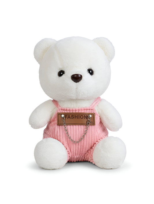Fashionable White/ Pink Teddy Bear Plush – 8-Inch Stuffed Animal in Pink Corduroy Dungarees, Soft Collectible Toy ST16759