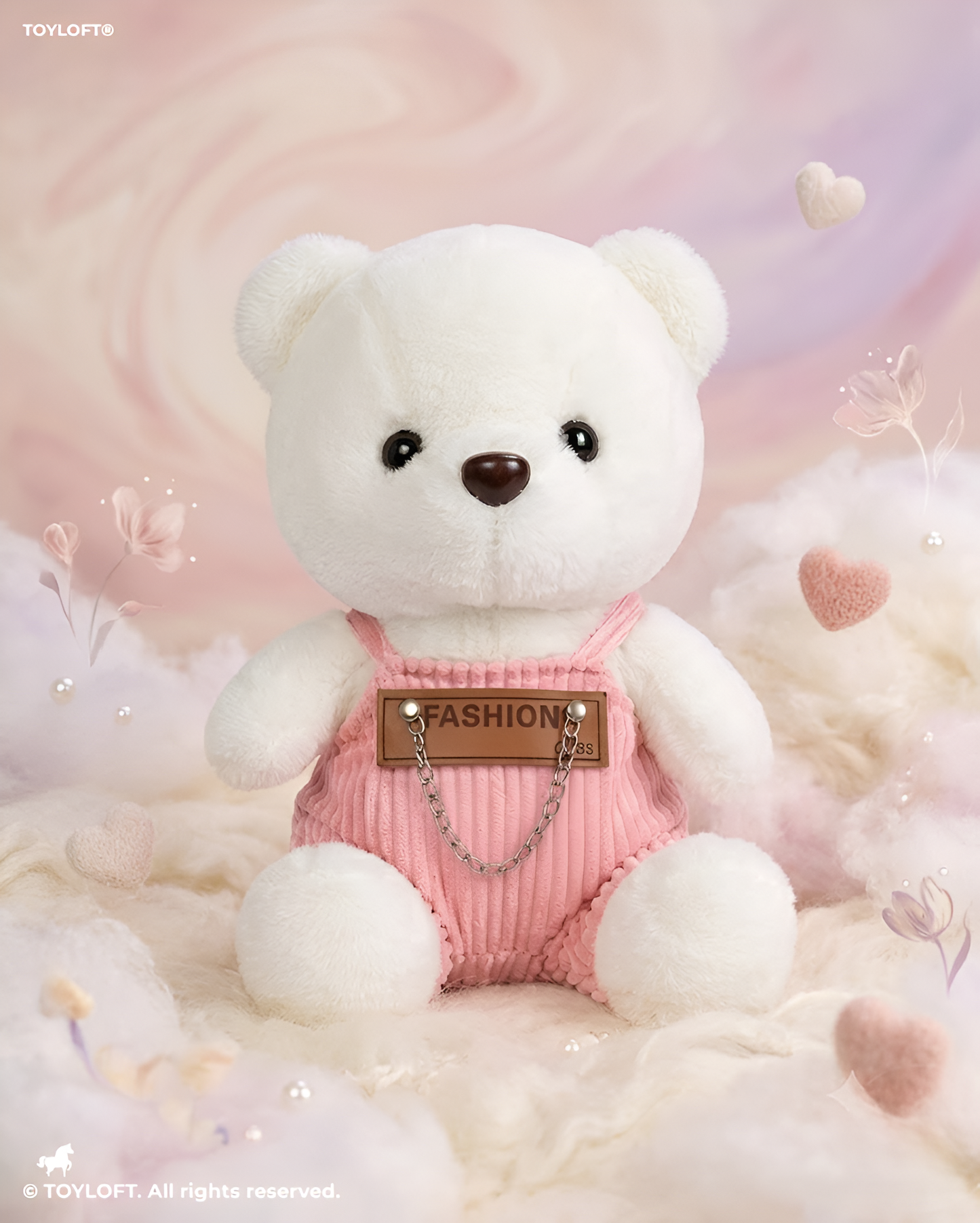 Fashionable White/ Pink Teddy Bear Plush – 8-Inch Stuffed Animal in Pink Corduroy Dungarees, Soft Collectible Toy ST16759