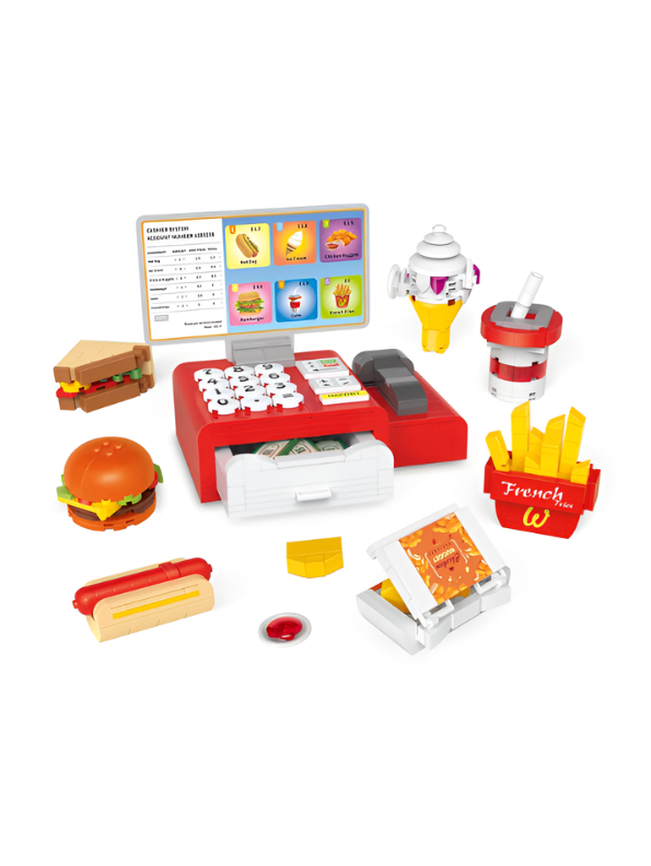 Fast Food Building Block Set – 498 Pieces with Cash Register, Burger, Hot Dog & Fries, Educational Construction Toy TV5674.