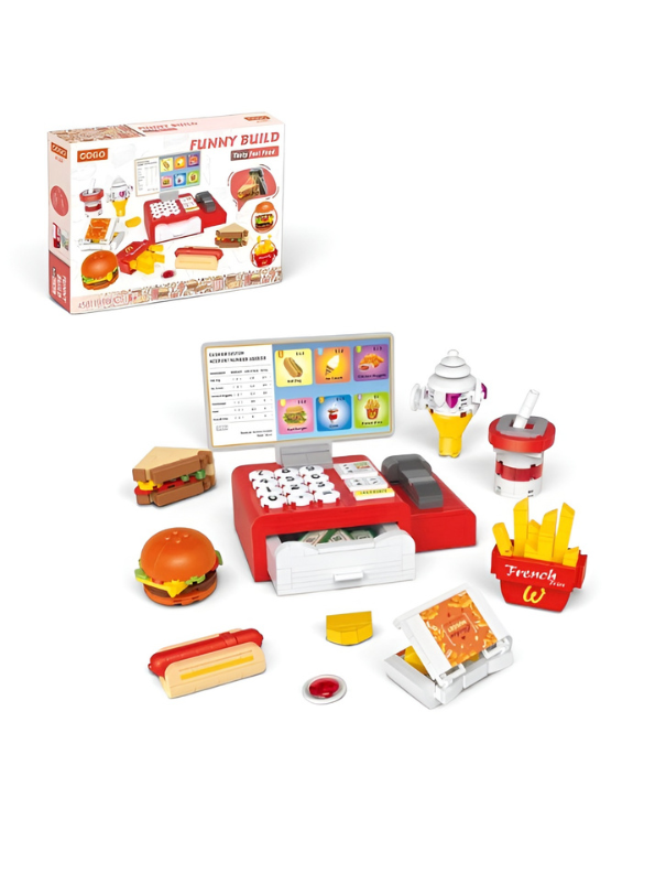 Fast Food Building Block Set – 498 Pieces with Cash Register, Burger, Hot Dog & Fries, Educational Construction Toy TV5674.