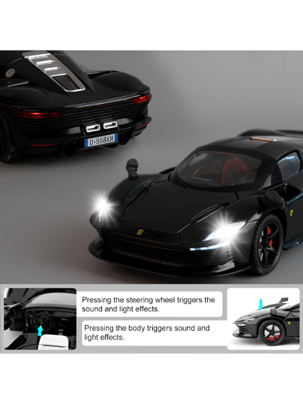 Ferrari Daytona SP3 Diecast Alloy Car 1:22 Scale | Black Sports Car Model Collectible Die-Cast Replica MD607.
