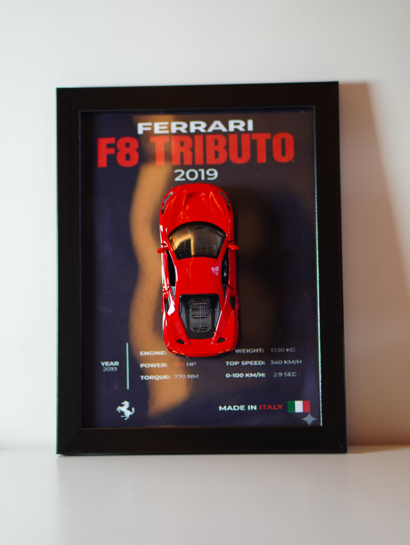 Ferrari F8 Tributo 2019 3D Frame Car Diecast Model – Luxury Sports Car Wall Display.