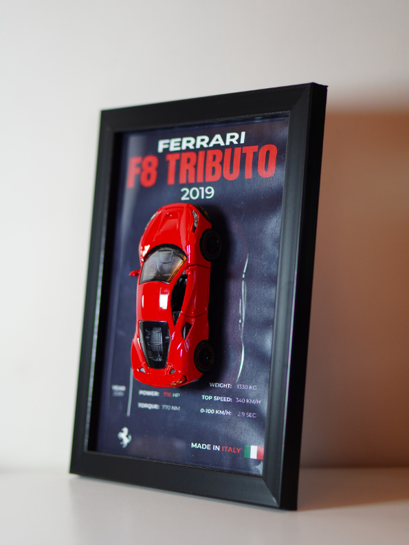 Ferrari F8 Tributo 2019 3D Frame Car Diecast Model – Luxury Sports Car Wall Display.