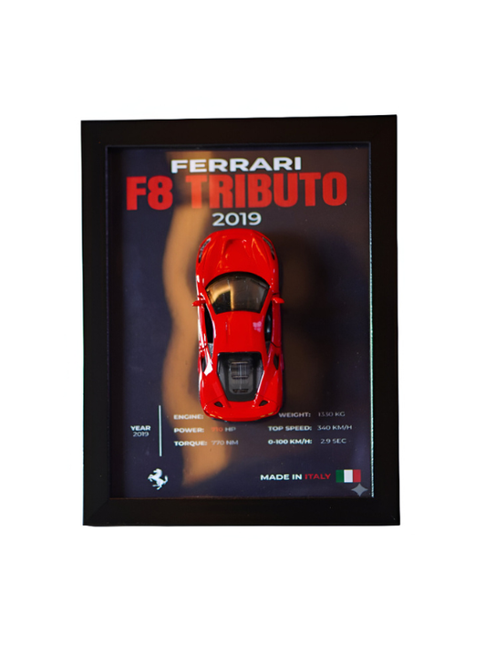 Ferrari F8 Tributo 2019 3D Frame Car Diecast Model – Luxury Sports Car Wall Display.