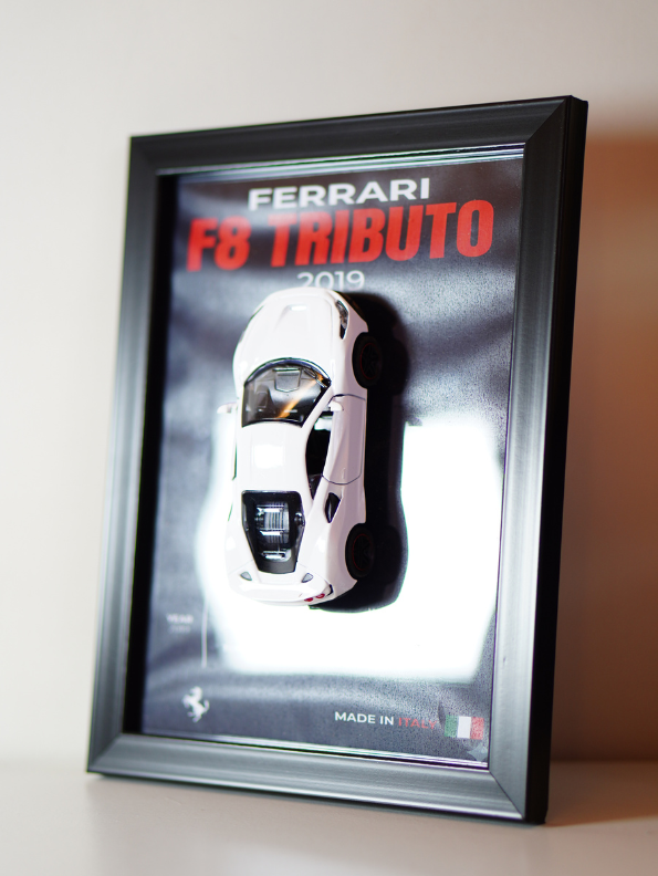 Ferrari F8 Tributo 2019 3D Frame Car Diecast Model – Luxury Sports Car Wall Display White.