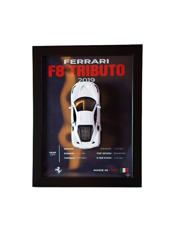 Ferrari F8 Tributo 2019 3D Frame Car Diecast Model – Luxury Sports Car Wall Display White.