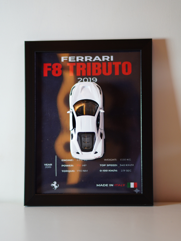 Ferrari F8 Tributo 2019 3D Frame Car Diecast Model – Luxury Sports Car Wall Display White.