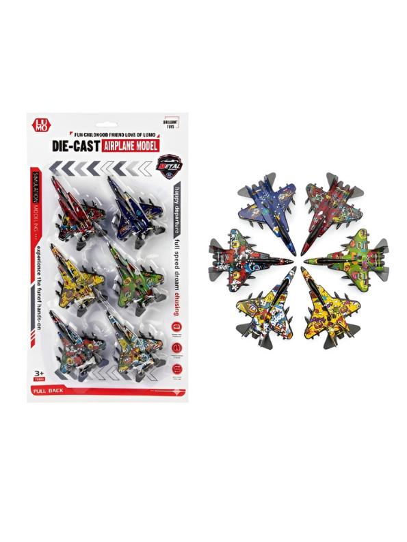 Fighter Jet Toy Set – 6-Pack Pull-Back Airplanes with Graffiti Design LMI16536.