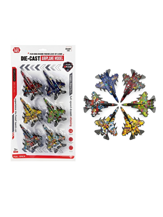 Fighter Jet Toy Set – 6-Pack Pull-Back Airplanes with Graffiti Design LMI16536.