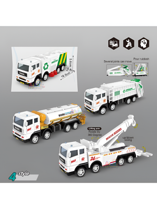 Pack of 4 Friction Powered City Sanitation & Rescue Truck Toy Set Scale 1:55 TV1678
