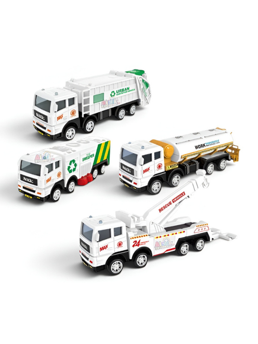 Pack of 4 Friction Powered City Sanitation & Rescue Truck Toy Set Scale 1:55 TV1678