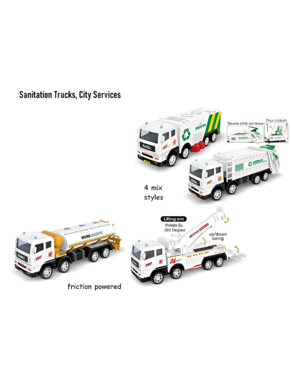 Pack of 4 Friction Powered City Sanitation & Rescue Truck Toy Set Scale 1:55 TV1678