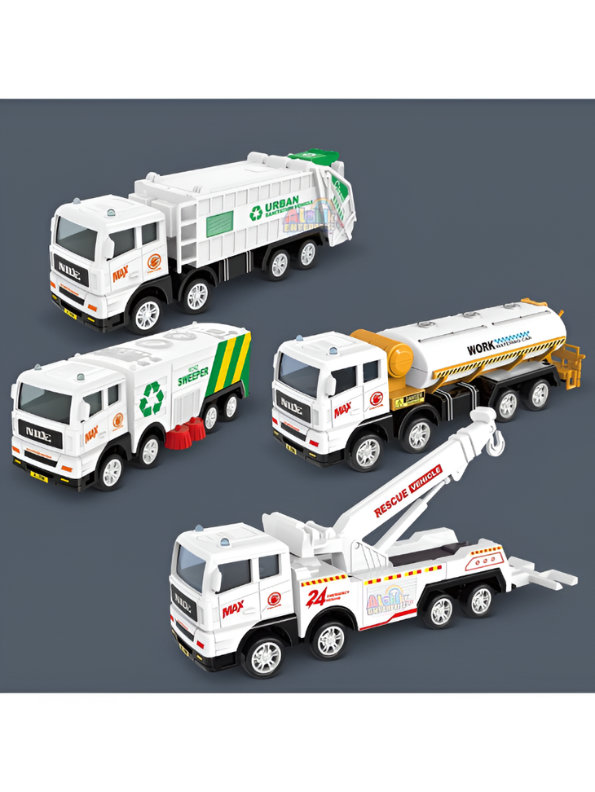 Pack of 4 Friction Powered City Sanitation & Rescue Truck Toy Set Scale 1:55 TV1678
