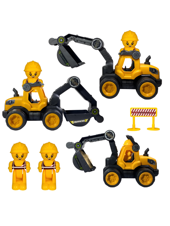 Friction Powered Excavator Toy Set with 2 Worker Figures, Traffic Signs & Barriers – Push and Go Construction Vehicle Playset LMI15116