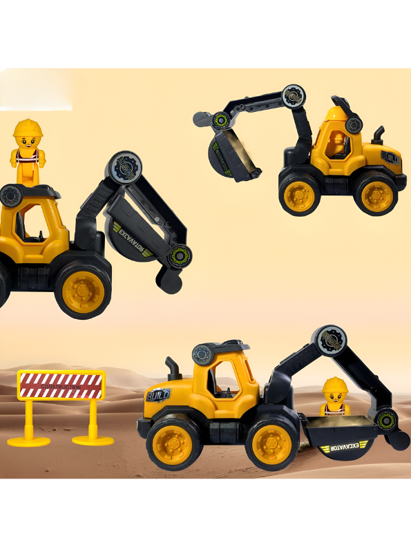 Friction Powered Excavator Toy Set with 2 Worker Figures, Traffic Signs & Barriers – Push and Go Construction Vehicle Playset LMI15116