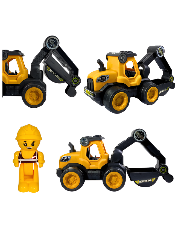 Friction Powered Excavator Toy Set with 2 Worker Figures, Traffic Signs & Barriers – Push and Go Construction Vehicle Playset LMI15116