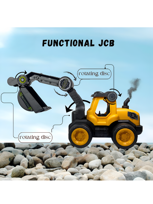 Friction Powered Excavator Toy Set with 2 Worker Figures, Traffic Signs & Barriers – Push and Go Construction Vehicle Playset LMI15116