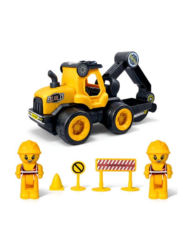 Friction Powered Excavator Toy Set with 2 Worker Figures, Traffic Signs & Barriers – Push and Go Construction Vehicle Playset LMI15116