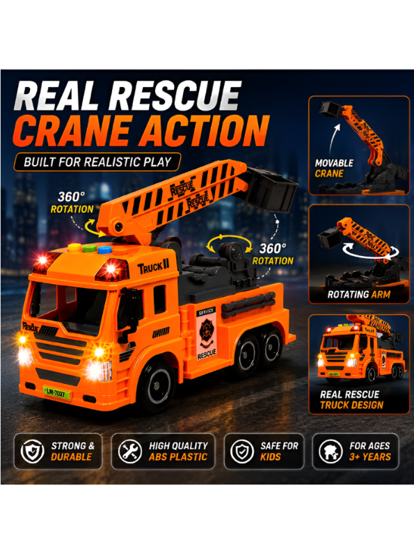 Friction Powered Rescue Crane Truck Toy Orange NX16817.