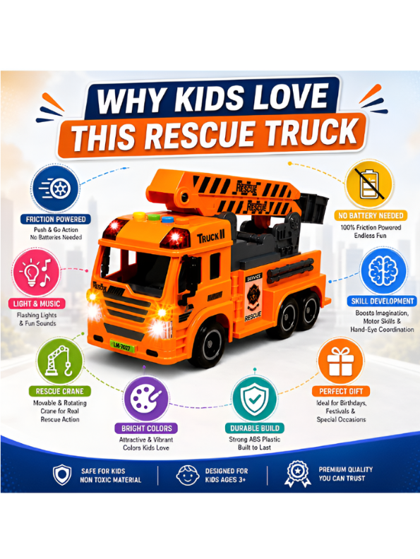 Friction Powered Rescue Crane Truck Toy Orange NX16817.