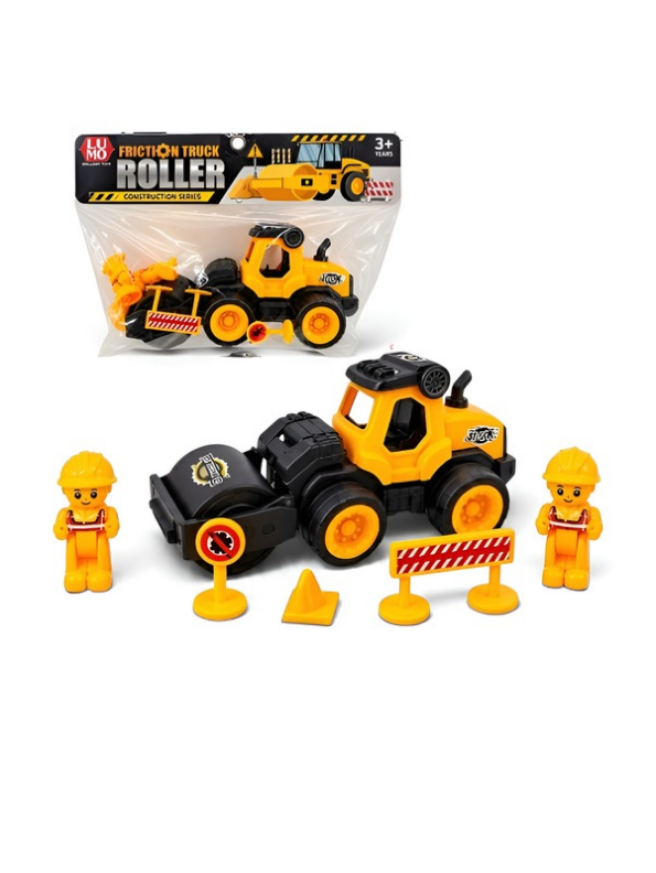 Friction Powered Road Roller Toy, Construction Series Steamroller Playset with Mini Figures & Safety Road Accessories LMI15081