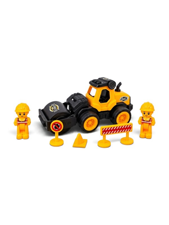 Friction Powered Road Roller Toy, Construction Series Steamroller Playset with Mini Figures & Safety Road Accessories LMI15081