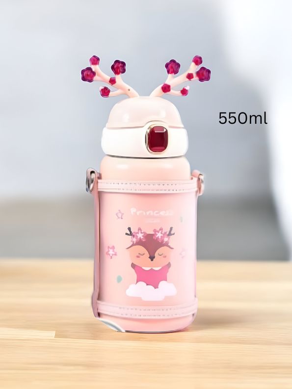 Pink - FrostySip Reindeer Horns – 550ml Stainless Steel Sipper Bottle | Cute Leakproof Water Bottle for Kids & Adults NOV5269.