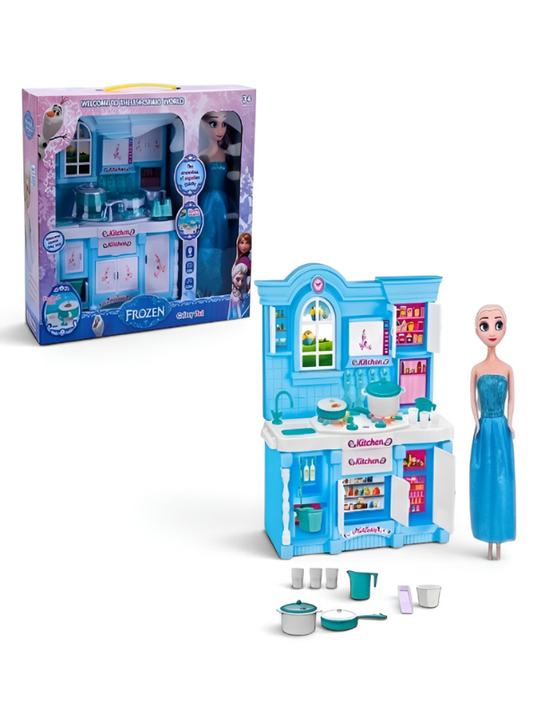 Frozen-Themed Kids Kitchen Playset with Princess Doll & Cooking Accessories – Deluxe Blue Pretend Play Toy Kitchen Set for Toddlers and Girls Age TV5604