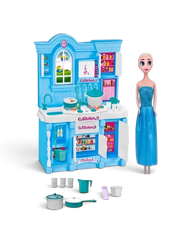 Frozen-Themed Kids Kitchen Playset with Princess Doll & Cooking Accessories – Deluxe Blue Pretend Play Toy Kitchen Set for Toddlers and Girls Age TV5604