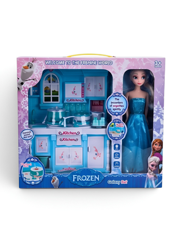 Frozen-Themed Kids Kitchen Playset with Princess Doll & Cooking Accessories – Deluxe Blue Pretend Play Toy Kitchen Set for Toddlers and Girls Age TV5604