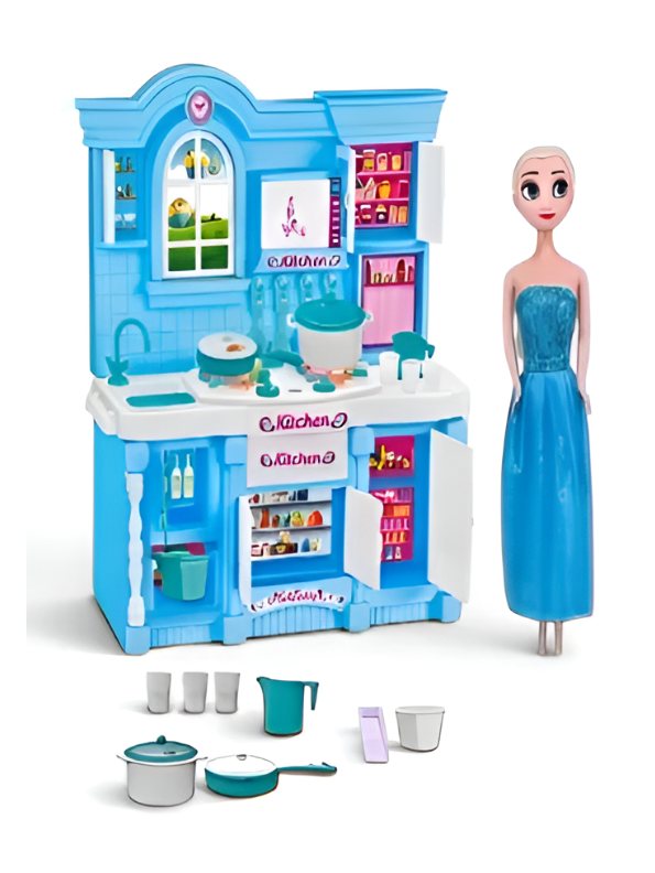 Frozen-Themed Kids Kitchen Playset with Princess Doll & Cooking Accessories – Deluxe Blue Pretend Play Toy Kitchen Set for Toddlers and Girls Age MD436