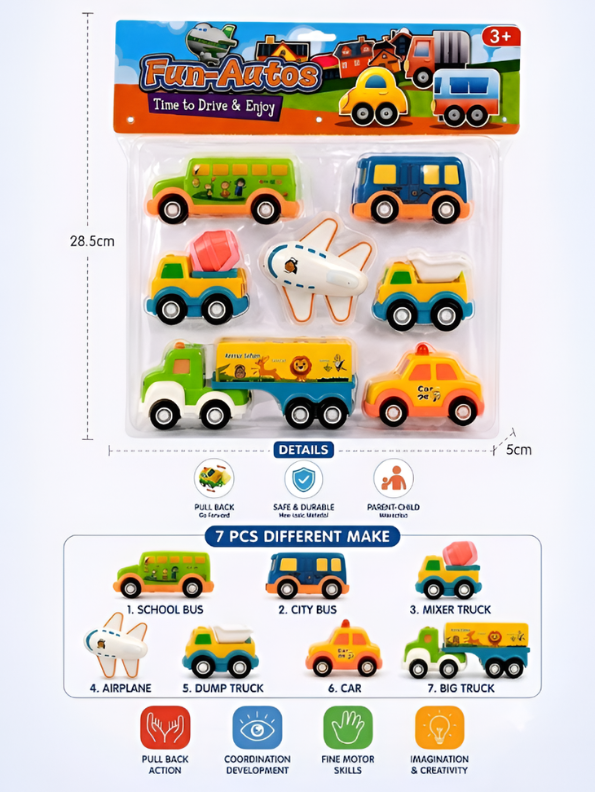 Fun-Autos 7-Pack Pull Back Toy Vehicles Set – Educational Construction Trucks Play Set for Kids 3+ Years LMI16734