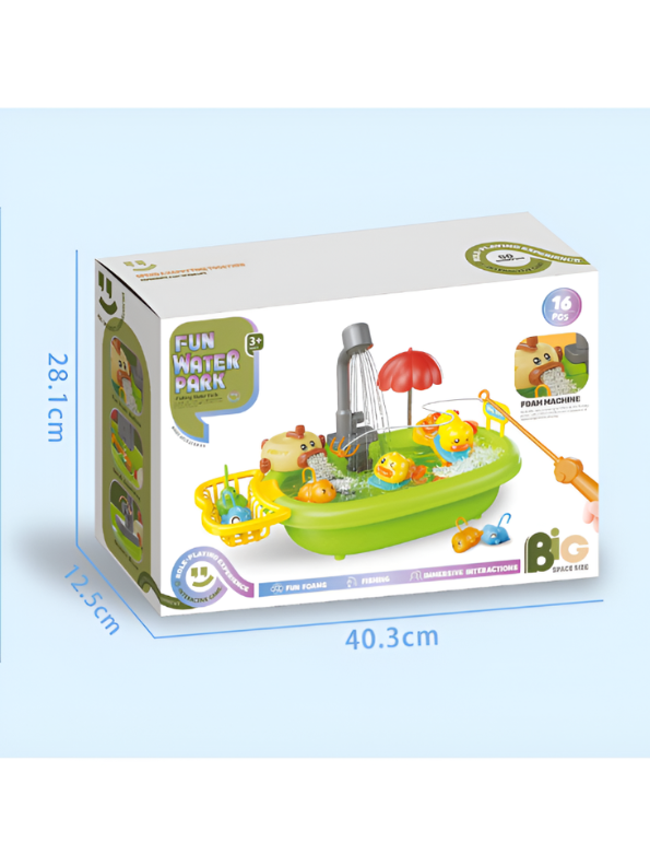 Fun Water Park Play Set | 16-Pcs Sensory Bath Toy with Foam Maker, Fishing Rods, Duck Slide & Running Water Pump for Toddlers TV6101