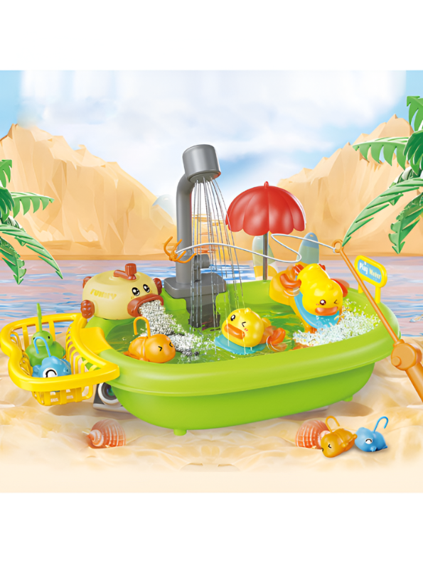Fun Water Park Play Set | 16-Pcs Sensory Bath Toy with Foam Maker, Fishing Rods, Duck Slide & Running Water Pump for Toddlers TV6101
