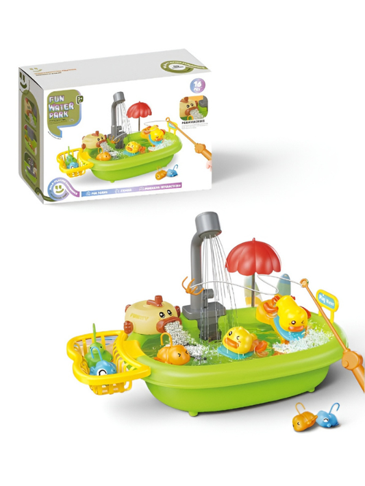 Fun Water Park Play Set | 16-Pcs Sensory Bath Toy with Foam Maker, Fishing Rods, Duck Slide & Running Water Pump for Toddlers TV6101