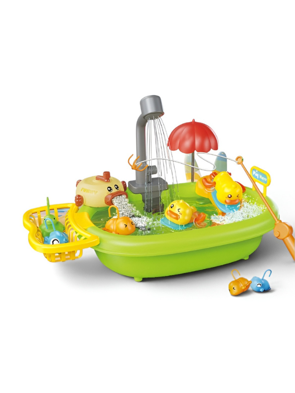 Fun Water Park Play Set | 16-Pcs Sensory Bath Toy with Foam Maker, Fishing Rods, Duck Slide & Running Water Pump for Toddlers TV6101