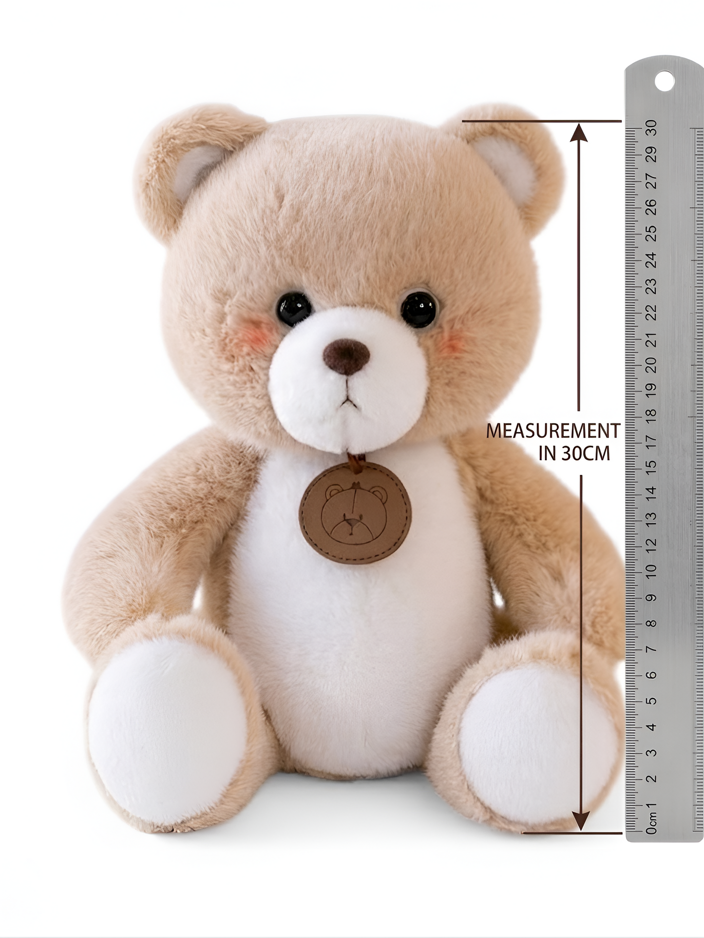 Teddy Bear – 30cm Premium Plush Ultra-Soft Stuffed Animal Toy with Embroidered Leather Medallion, Cream & Tan Nursery Décor Gift for Babies & Kids ST14532
