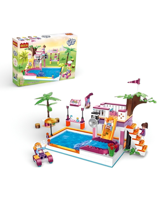 Girls Swimming Pool Building Set with Slide & Terrace, 4 Minifigures TV1141.