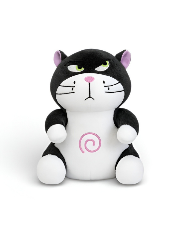 Grumpy Black and White Cat Plush Toy with Music & Breathing – Interactive Soft Stuffed Animal ST15428.