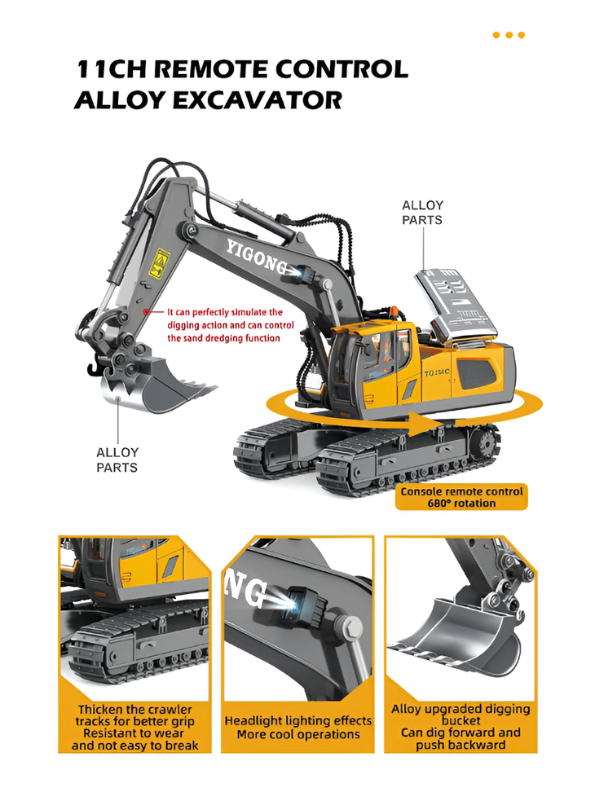 Heavy Duty RC Excavator Toy – 11-Channel 2.4GHz Remote Control Construction Truck with Alloy Bucket & Sturdy Tracks – All-Terrain Toy Vehicle TV7212