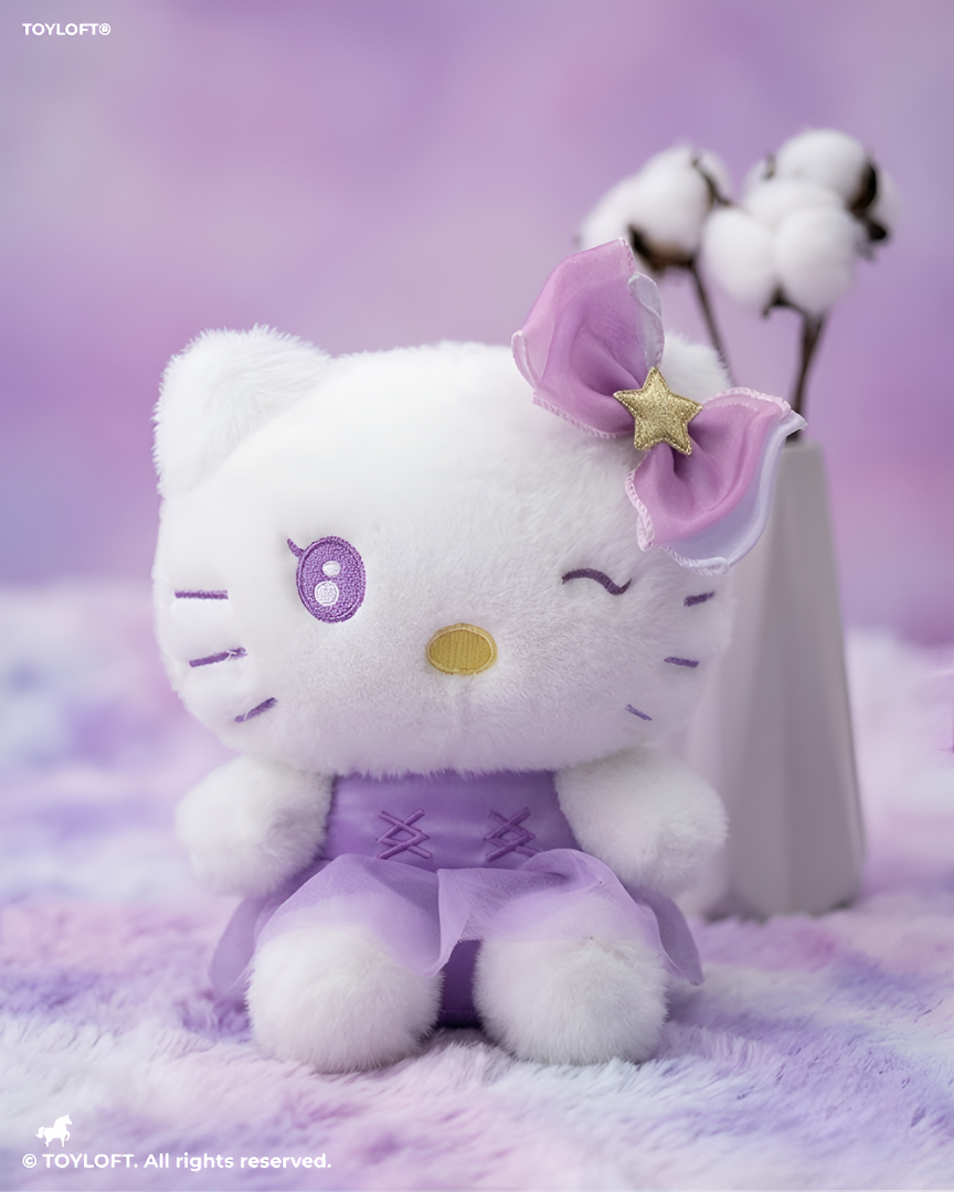 Hello Kitty 8-Inch Plush Toy in Purple Dress with Star Bow – Collectible Winking Hello Kitty Soft Toy ST16855