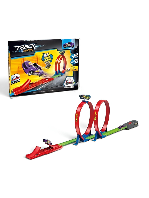 High-Speed Track Racing Toy Set with 360° Double Loop Circuit, Launch Ejection & Jumping Ramp – Inertia Powered Stunt Car Playset MD52