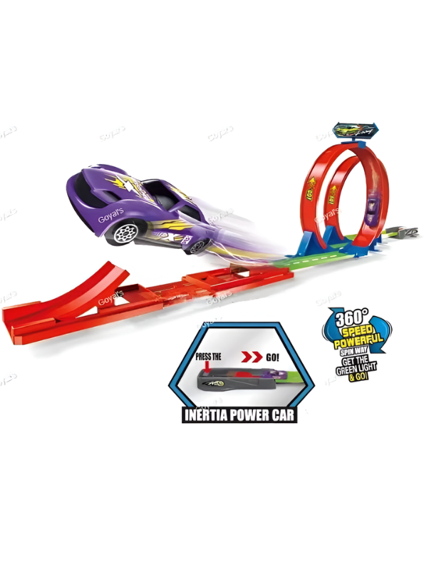 High-Speed Track Racing Toy Set with 360° Double Loop Circuit, Launch Ejection & Jumping Ramp – Inertia Powered Stunt Car Playset MD52