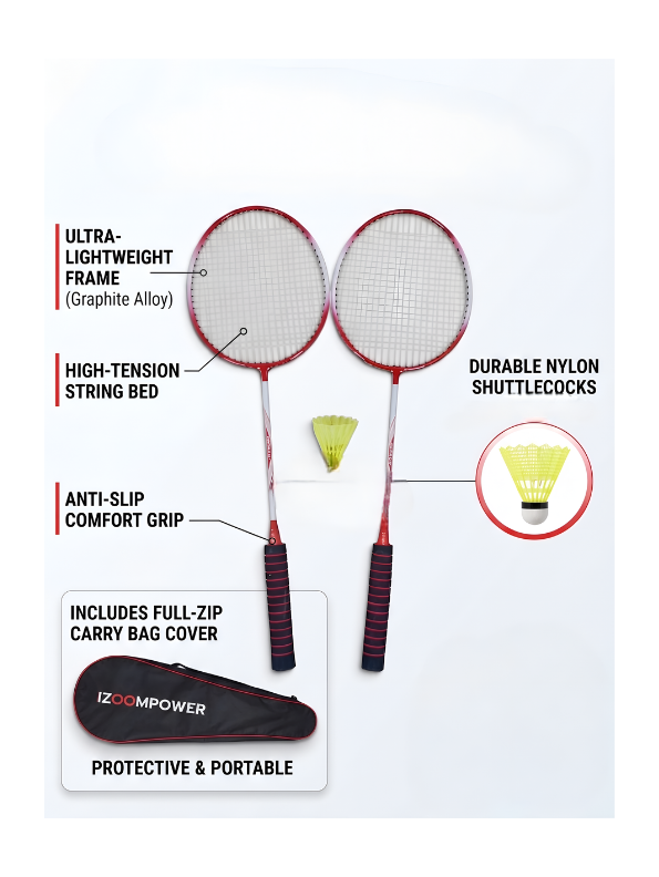 IZOOM POWER IZ-937 Lightweight Badminton Racket Set of 2 with 1 Durable Nylon Shuttlecocks and Red Full Carry Bag Cover - Perfect for Kids, Beginners & Outdoor Recreational Play  LMI14273