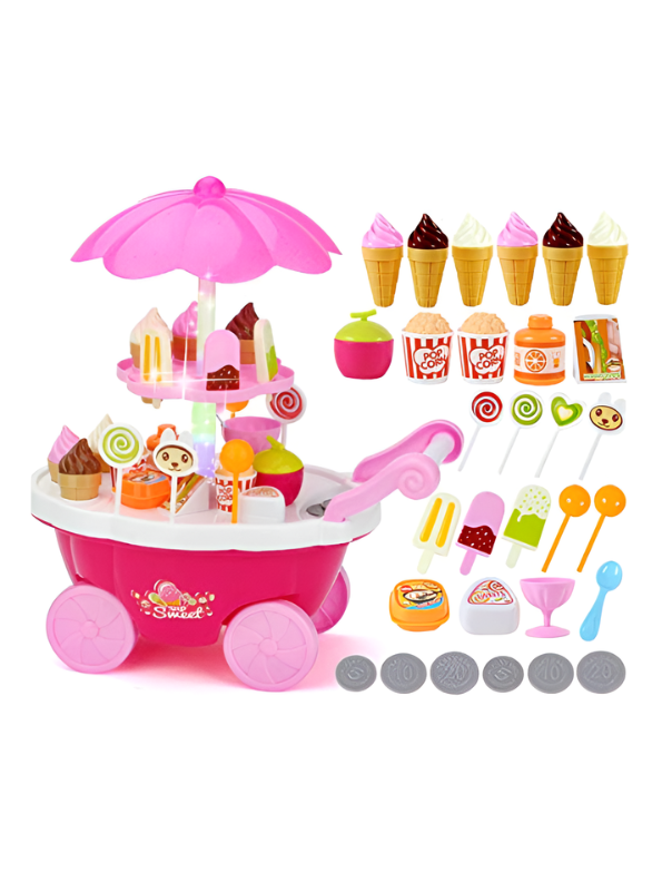 Ice Cream Cart Play Set – Pretend Play Sweet Shop with Lights & Music, DIY Dessert Trolley Toy MD3637.