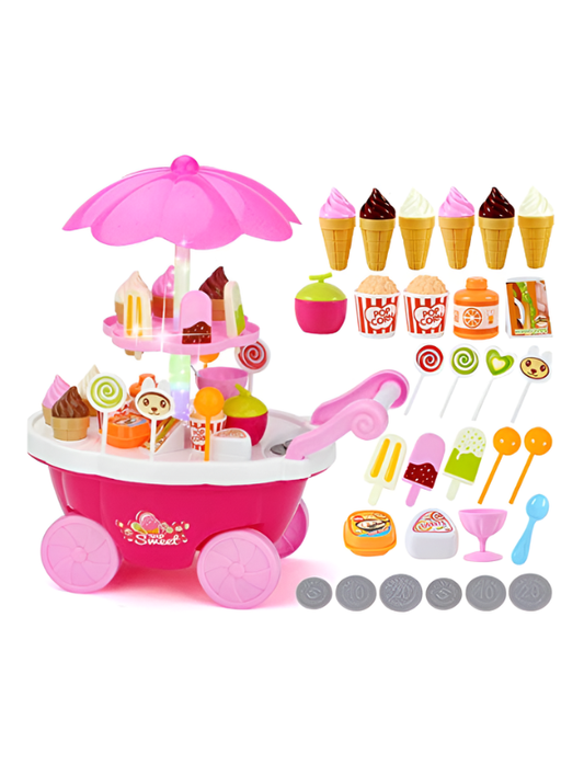 Ice Cream Cart Play Set – Pretend Play Sweet Shop with Lights & Music, DIY Dessert Trolley Toy MD3637.