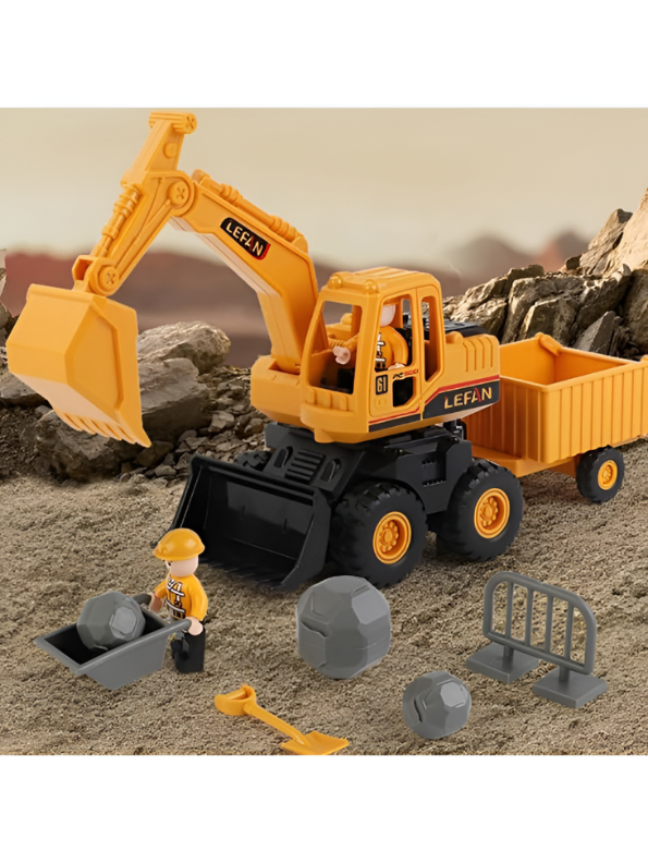 Inertial Engineering Vehicle Toy Set – Yellow Excavator Digger and Dump Truck Construction Playset with Toy Figures and Accessories for Kids TV5897