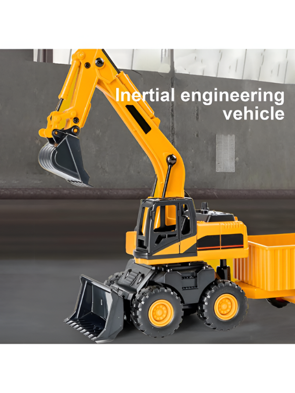 Inertial Engineering Vehicle Toy Set – Yellow Excavator Digger and Dump Truck Construction Playset with Toy Figures and Accessories for Kids TV5897