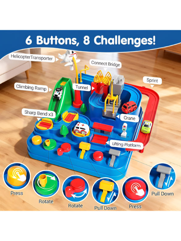 Interactive Car Adventure Rescue Race Track Toy Set | 6-Button Mechanical Educational Puzzle Game for Kids TV5600.