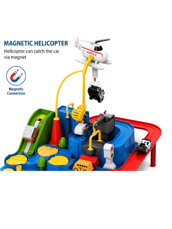 Interactive Car Adventure Track Toy Set with Magnetic Helicopter & Mini Rescue Vehicles MD405.